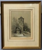Continental tower with figures, graphite heightened with white,9.25x7ins, indistinctly signed,