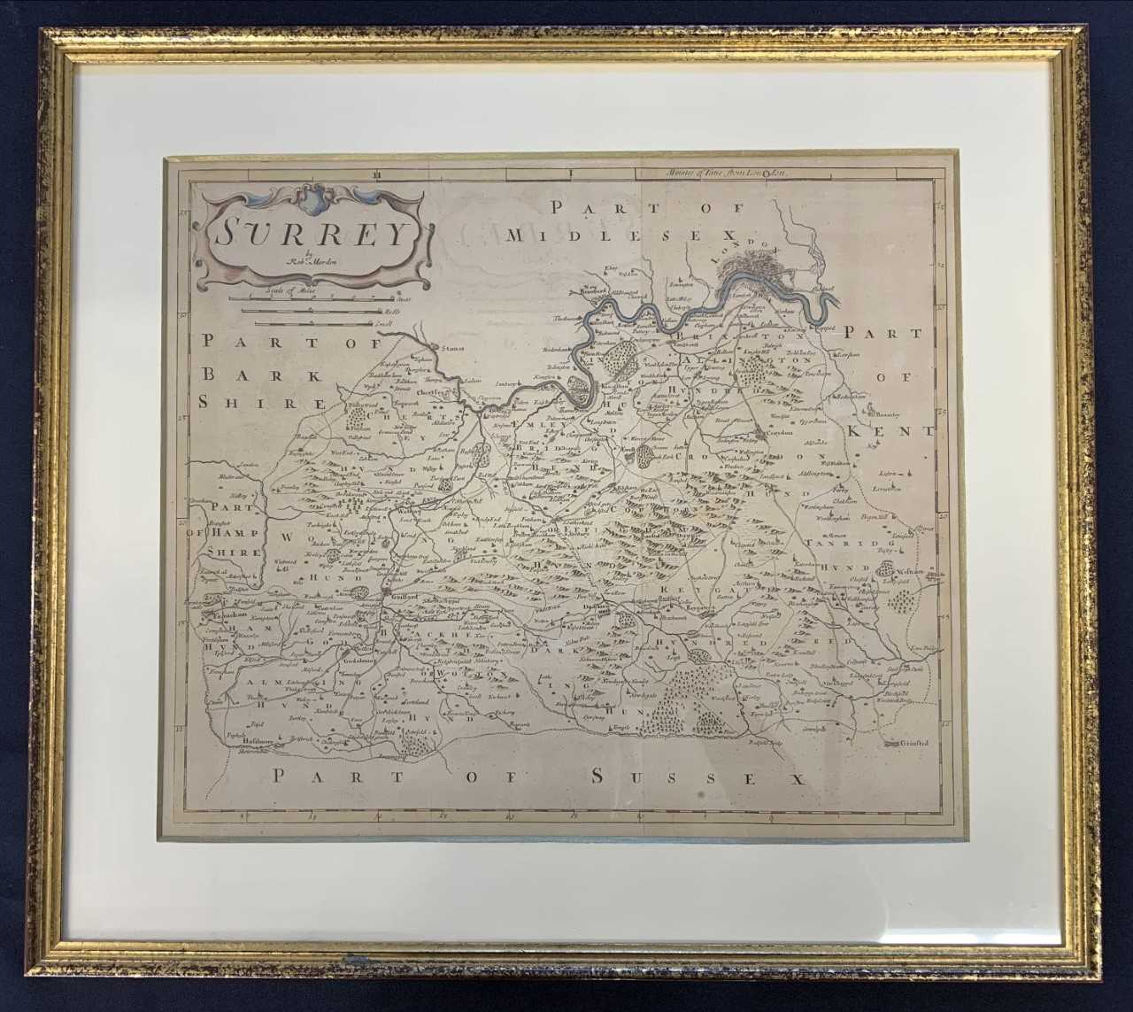 Robert Morden, "Surrey", hand coloured engraved map, circa 1695, 15x17ins, framed and glazed.