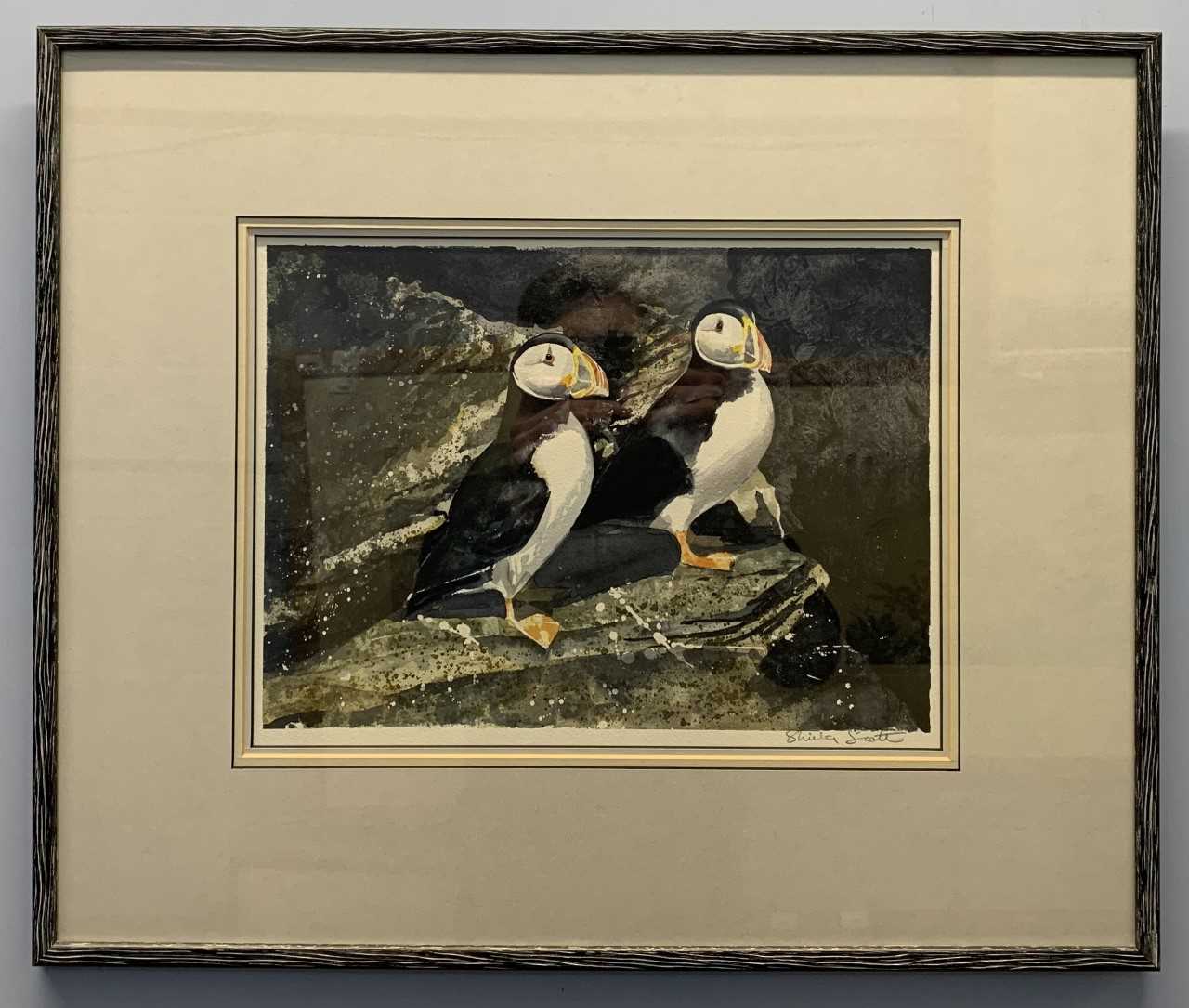 Sheila Scott (Scottish,1944-2017) puffins on a cliff edge, watercolour, signed, mounted, framed,12.