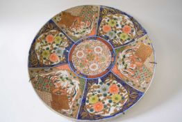 Japanese porcelain charger, early 20th Century decorated with panels of flowers in Imari palate,