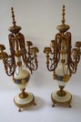 A pair 19th century French gilt metal, alabaster and champlevé enamel candelabra, signed F