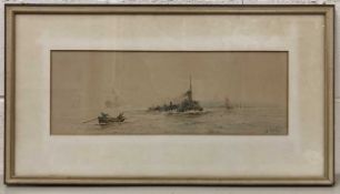 Albert Ernest Markes (British, 1865-1901), estuary shipping scene, watercolour, signed, 7x20ins,