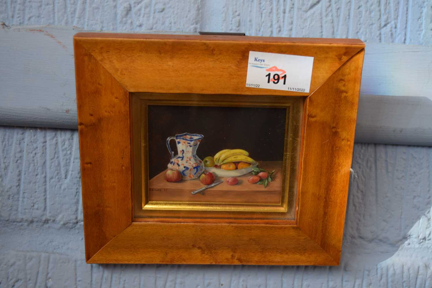 Enid Clarke R.M.S.(British, 20th century), miniature still life study of fruit and ornate jug, oil