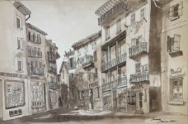 Charles Potter (British, 20th century), Spanish street scene (San Sebastian) sepia watercolour and