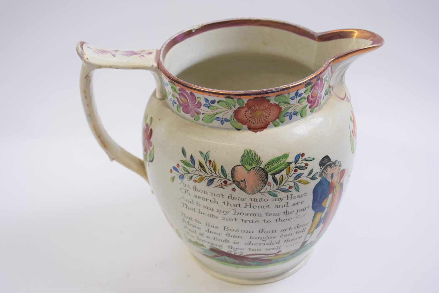 Pearl ware marriage jug decorated with a verse and print of a drinking sign, inscribed Samuel & - Image 3 of 4