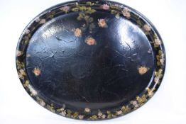 Large 19th Century lacquer tray with floral decoration, 80cm long