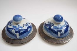 Two Chinese porcelain large ginger jar covers with blue and white designs of Chinese figures