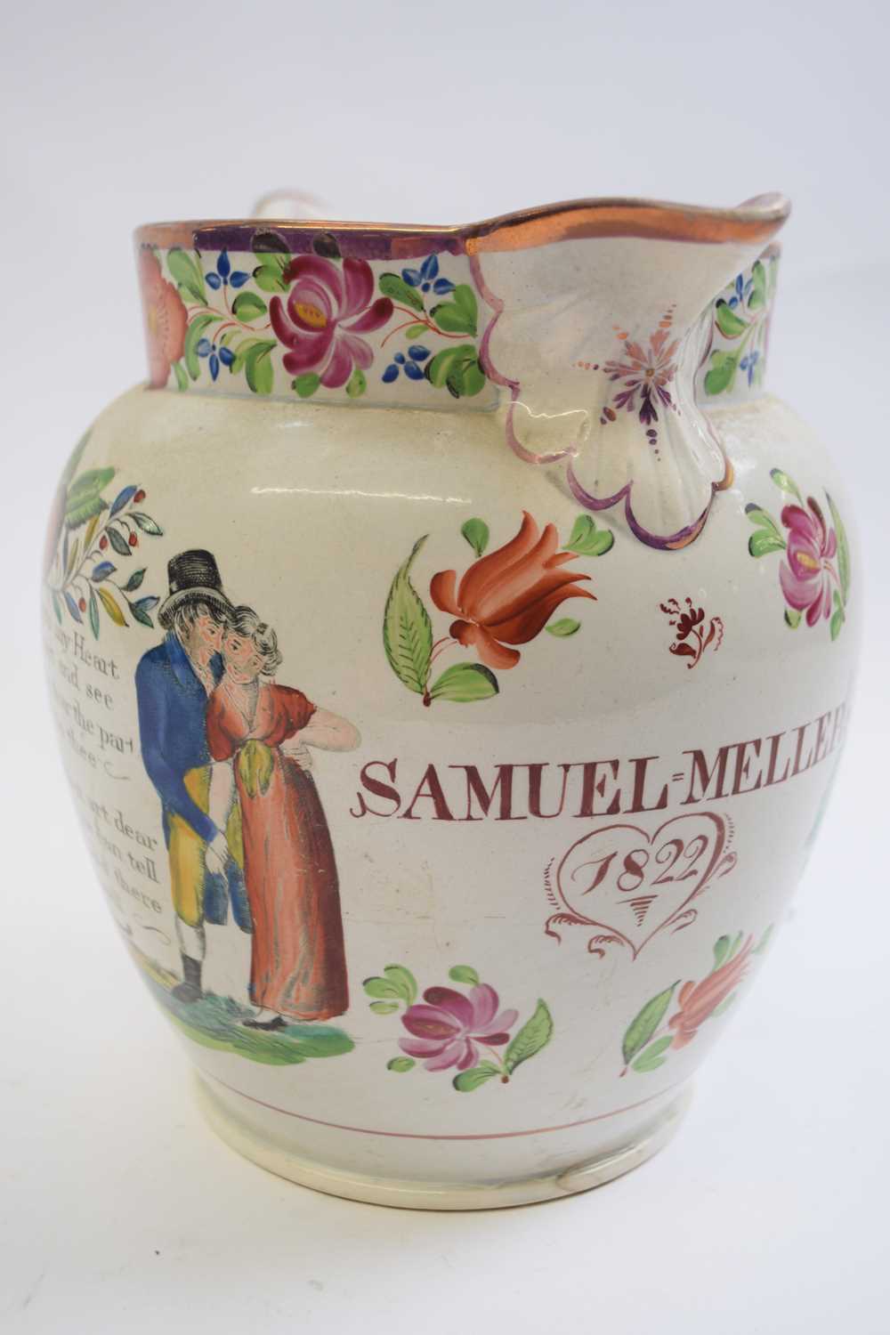 Pearl ware marriage jug decorated with a verse and print of a drinking sign, inscribed Samuel &