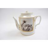 Continental porcelain teapot decorated with painted sepia hunting scenes within gilded borders,