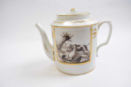 Continental porcelain teapot decorated with painted sepia hunting scenes within gilded borders,