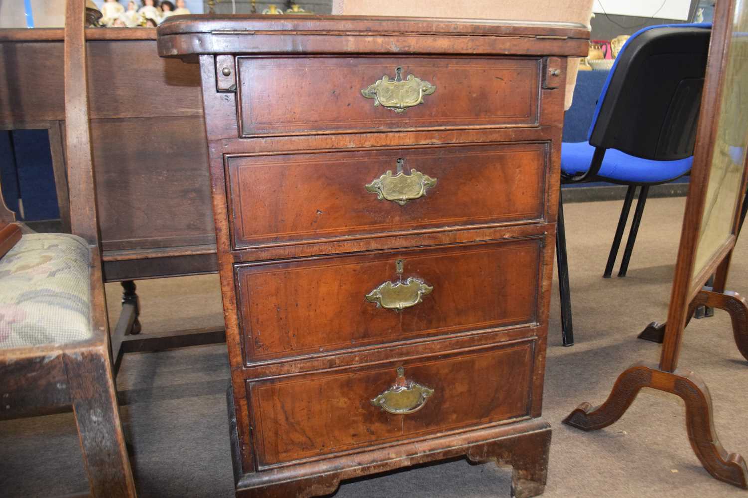 Small 18th Century and later walnut and inlaid bachelors chest with shaped flip top over four - Image 2 of 3