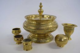 Balinese spice set comprising a large brass container and cover and other smaller implements