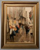 Ken Bizon (British, b.1927) 'The Shambles in a Shower', oil on canvas, signed, framed, approx