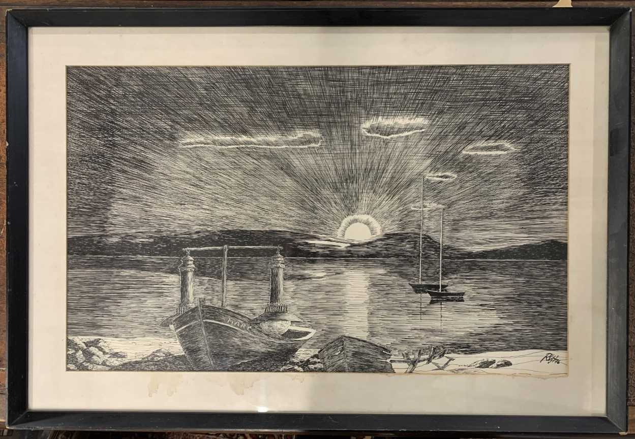 British School 20th century, woodcut, dated '76, indistinctly signed,15x25ins, mounted, framed and