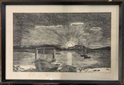 British School 20th century, woodcut, dated '76, indistinctly signed,15x25ins, mounted, framed and