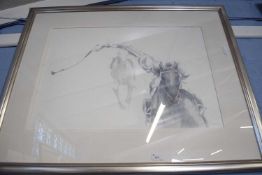 V de Klerk (Contemporary) study of a racehorse and jockey, signed and dated 1978, framed and glazed
