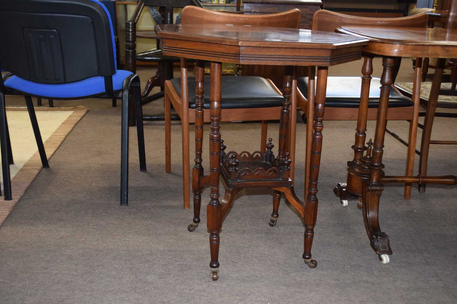 Late 19th Century mahogany octagonal centre table raised on turned legs with base shelf and casters, - Image 2 of 3