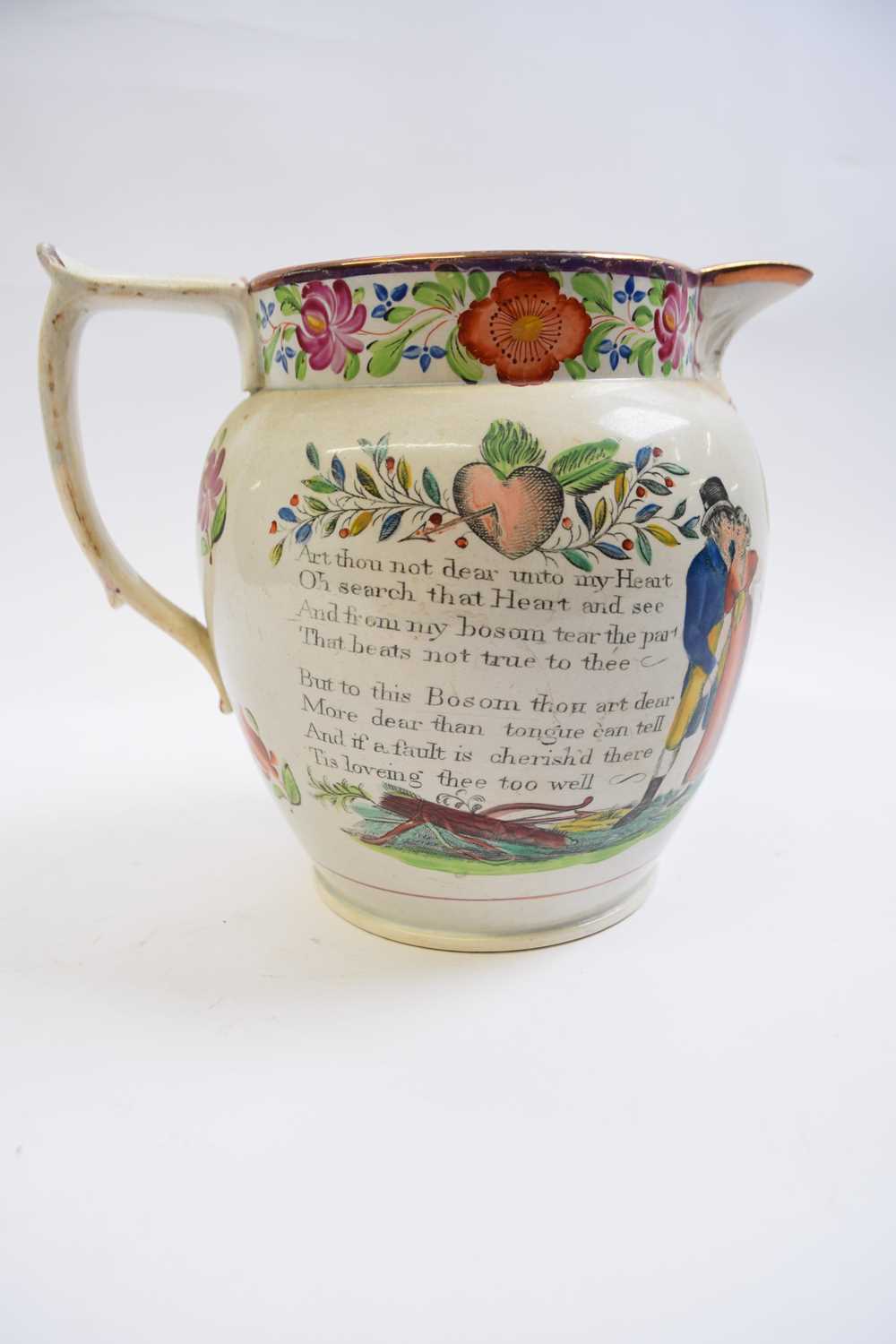 Pearl ware marriage jug decorated with a verse and print of a drinking sign, inscribed Samuel & - Image 2 of 4
