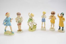 Group of small size Royal Worcester figures modelled by Doughty including Springtime, Old Friends,
