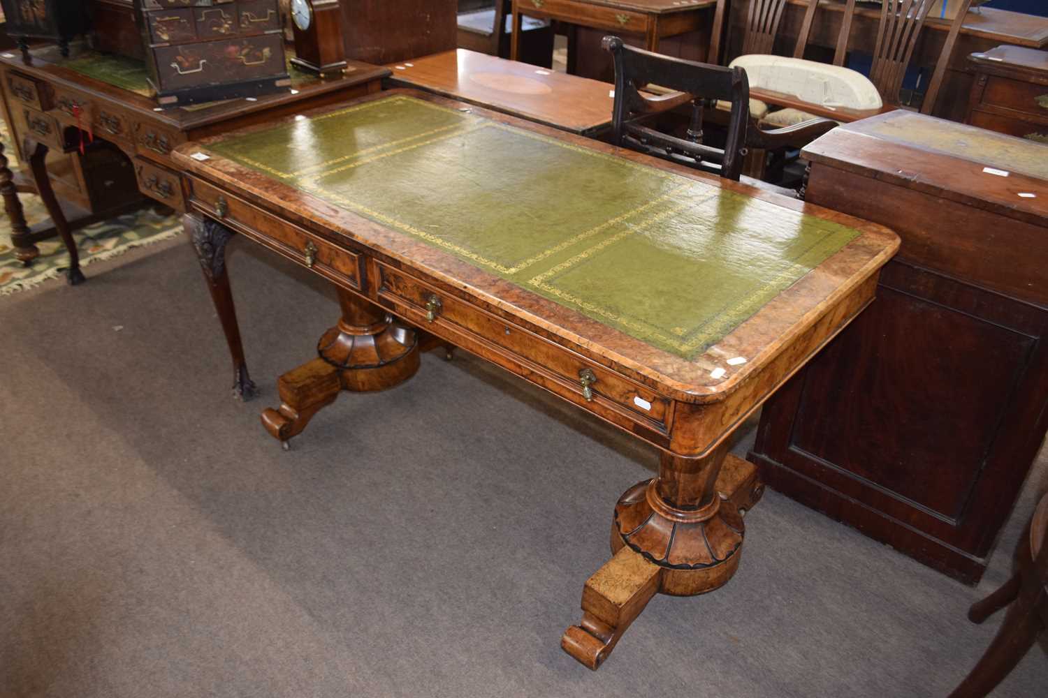 19th Century walnut veneered twin pedestal writing table with green tooled leather surface over - Image 2 of 2