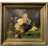 Emma Goerg (German, b.1860), still life study of roses, oil on board, signed, approx 14.5x13ins,