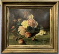 Emma Goerg (German, b.1860), still life study of roses, oil on board, signed, approx 14.5x13ins,