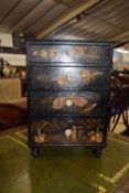 Victorian black lacquered and chinoiseri decorated table top chest with four drawers, 38cm high