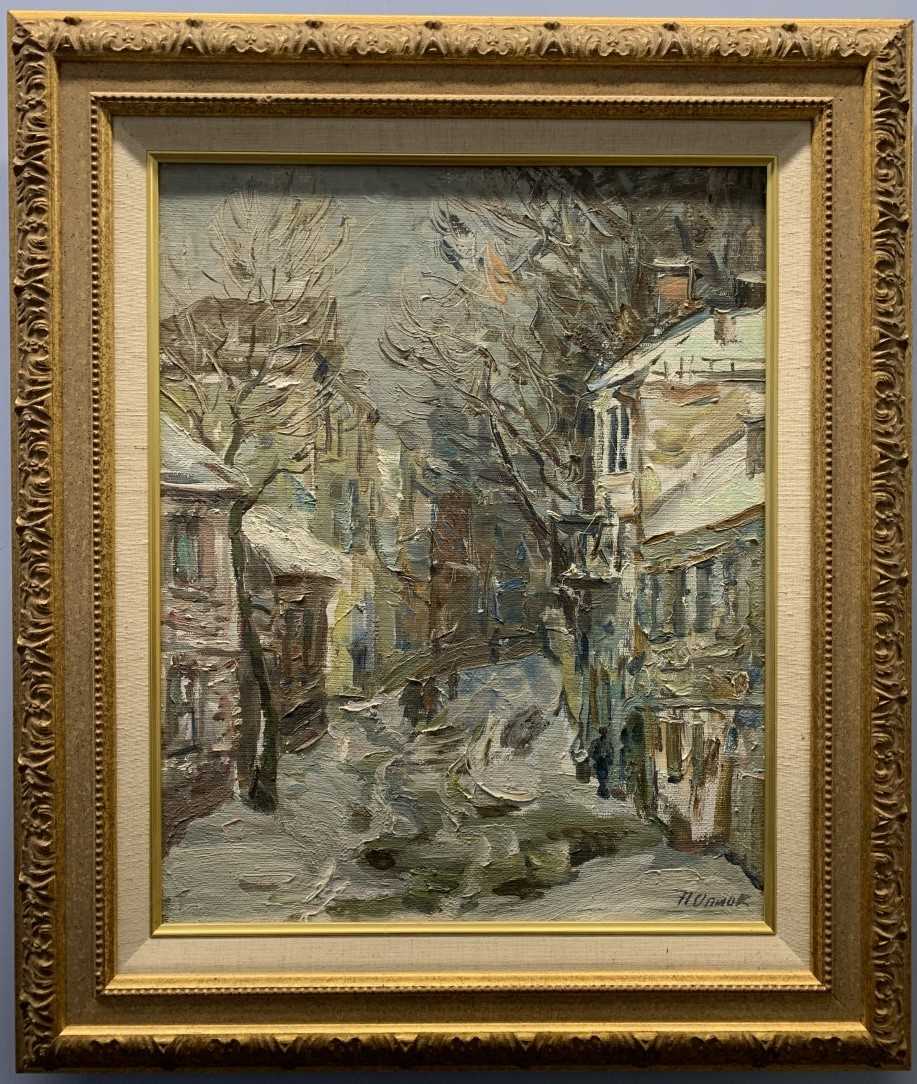 Nikolay Opiok (Russian, 20th century), 'Old Minsk', impasto oil on canvas, inscribed on verso,