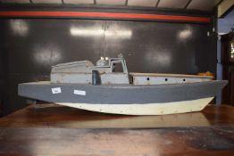 Vintage wood and metal toy boat with engine, sold for restoration, 90cm wide