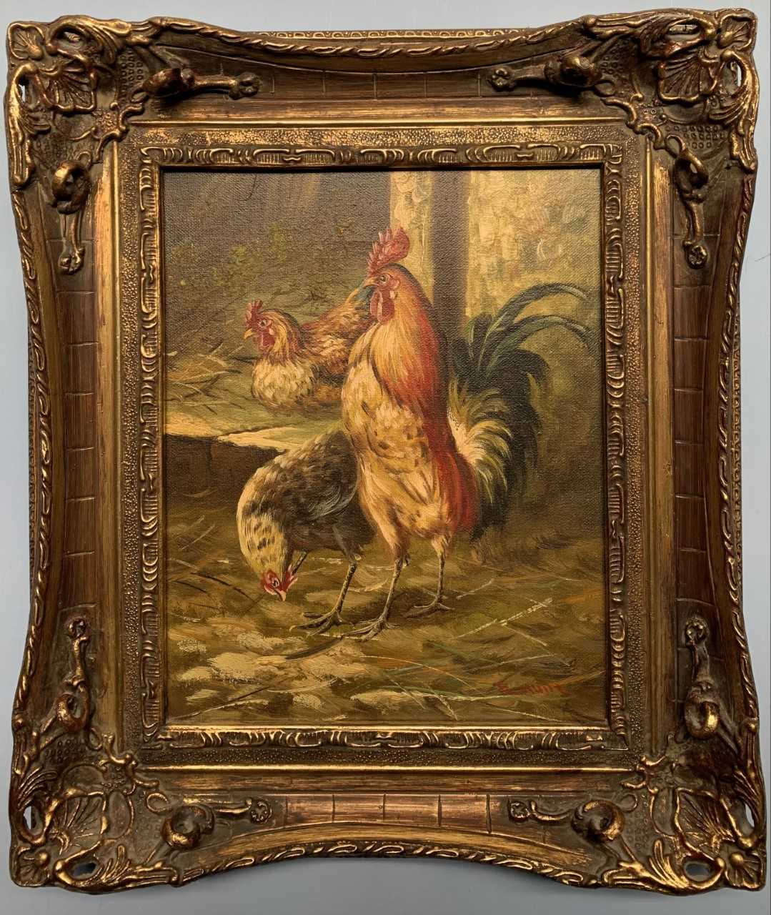 Attributed to Edgar Hunt (British,1876-1953), poultry study, oil on canvas, 9.5x7.5ins,14.5x12ins