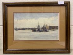 British School, 20th century, shipping port scene, watercolour, mounted, 7x12ins, framed and