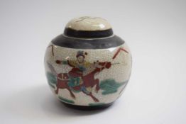 Japanese crackle ware jar and cover decorated with Warriors in famile vert style