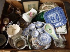 Box of various mixed ceramics and other items to include blue and white coffee cans and saucers
