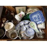 Box of various mixed ceramics and other items to include blue and white coffee cans and saucers