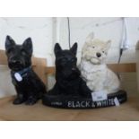 Mixed lot comprising a Sylvac style dog together with a doorstop marked Black and White Whiskey (