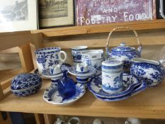 Mixed Lot: Various blue and white ceramics to include various mugs, small Japanese teapot and