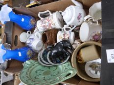 Box of various mixed items to include a Burliegh ware dish, a pair of blue glass vases and other