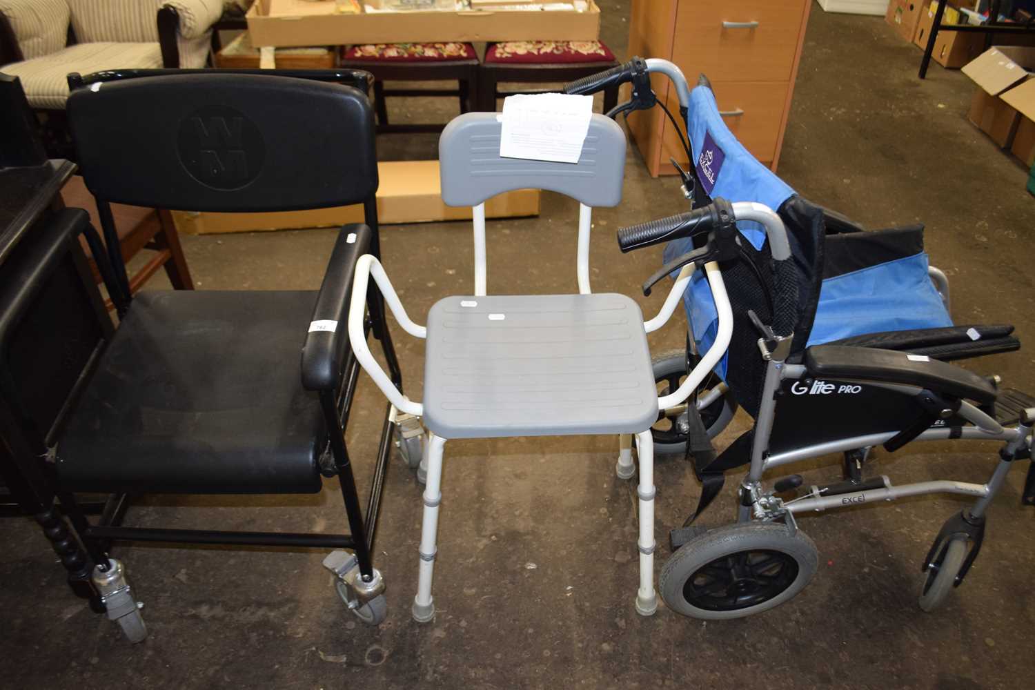 Mixed Lot: Two wheelchairs and a further metal framed adjustable seat