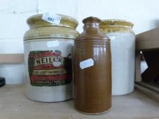 Two kitchen storage jars and a vintage stone ware ink bottle