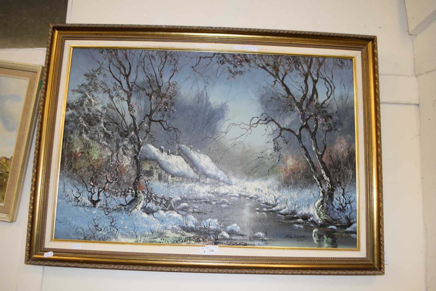 Contemporary school study of a winter scene with cottages, oil on canvas, gilt framed