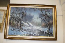 Contemporary school study of a winter scene with cottages, oil on canvas, gilt framed