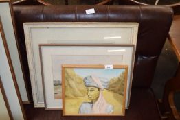 Mixed Lot: Two watercolours, rural scenes plus a further oil on board portrait