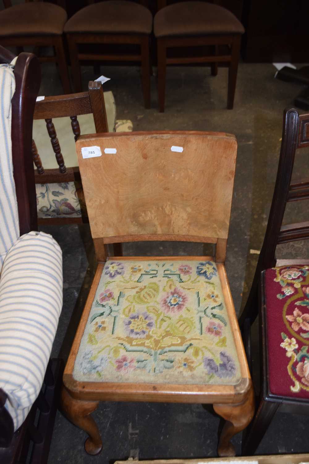 Walnut veneered side chair with tapestry seat