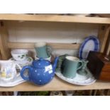 Mixed Lot: Various tea wares, Denby Pottery items, small inlaid tea caddy etc