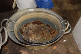 Two galvanised double handled pans and one other