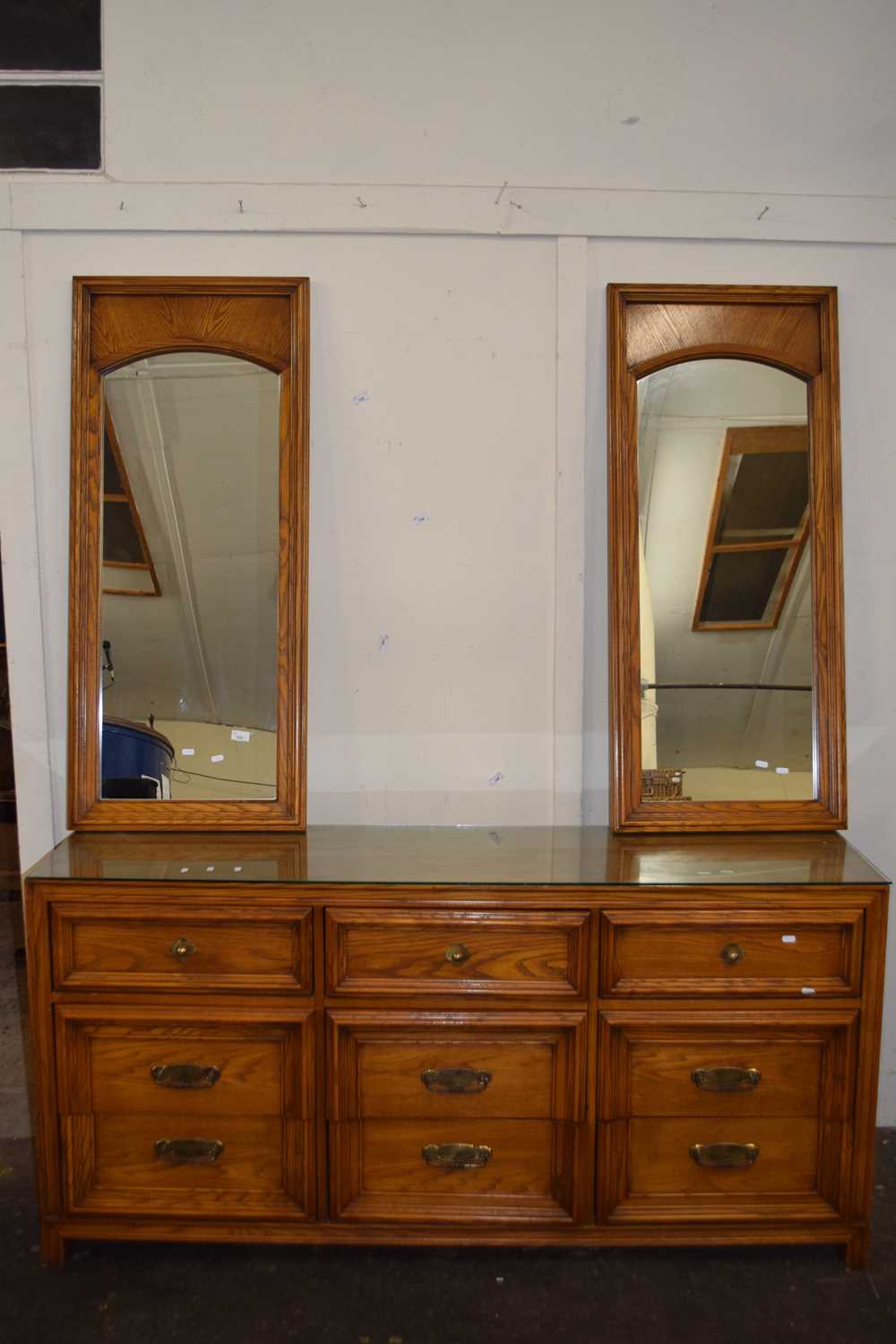 Modern light oak dresser cabinet with double mirrored back and a base with drawers, 168cm wide