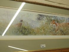 Geldart coloured print Fox and Pheasant, framed and glazed