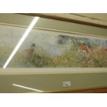 Geldart coloured print Fox and Pheasant, framed and glazed