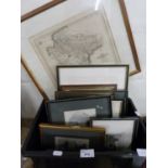 Box of various framed engravings and other items