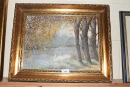 Oil on board study, river scene with swans, gilt framed